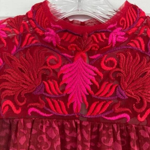 Anthropologie Niki Mahajan Sleeveless Embroidered Red Pink Lace High Neck Dress - Picture 4 of 7